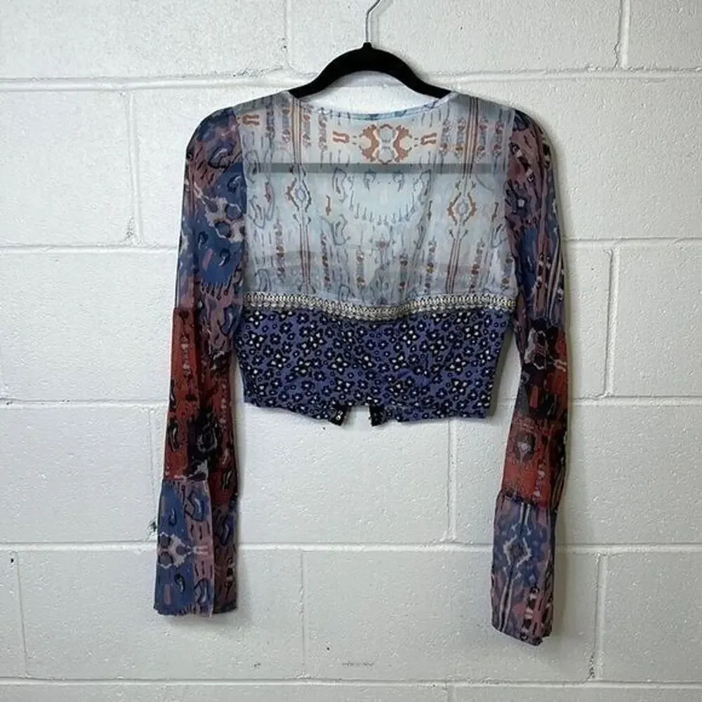 New Free People Walk That Walk Blouse Top cropped wide sleeves mixed printed